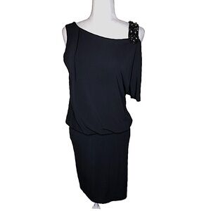 David Meister One Shoulder Cocktail Mini Dress Black Wedding Guest Dress Size:6